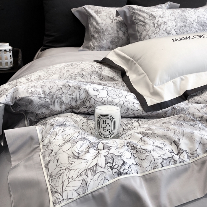 91家纺网 家纺一手货源 找家纺 佳汐蓝2025新款典雅诗意花卉全棉印花四件套券后不低于438/458元 雾隐巴黎-星空灰