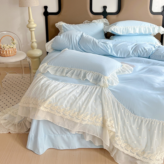 91家纺网 家纺一手货源 找家纺 艺玲家纺 2025新款糯小棉爱丽莎雪纺花边四件套 爱丽莎-蓝