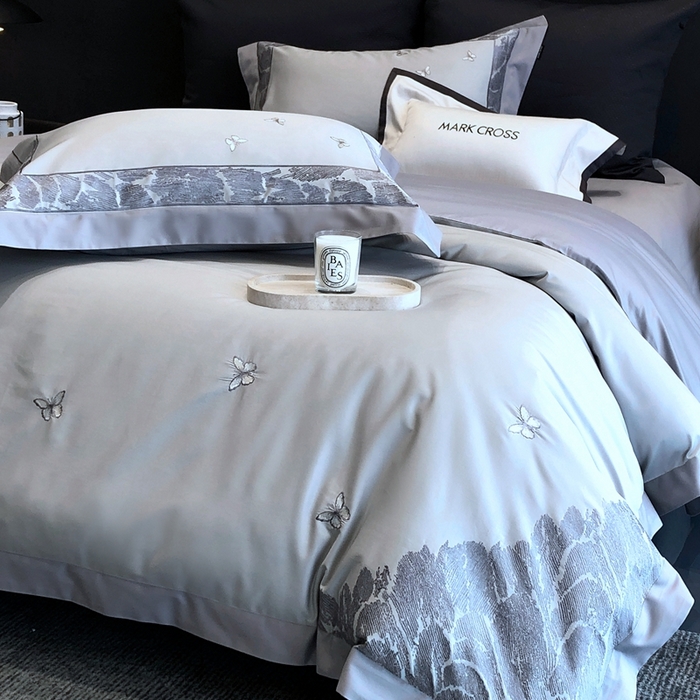 91家纺网 家纺一手货源 找家纺 佳汐蓝2025新款清雅自然刺绣黄金棉系列四件套价格表券后不低于498/518元 春野浮绿-雾隐灰