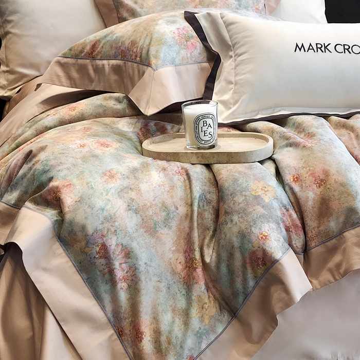 91家纺网 家纺一手货源 找家纺 佳汐蓝2025新款典雅诗意花卉全棉印花四件套券后不低于438/458元 时光之恋-杏黄桔