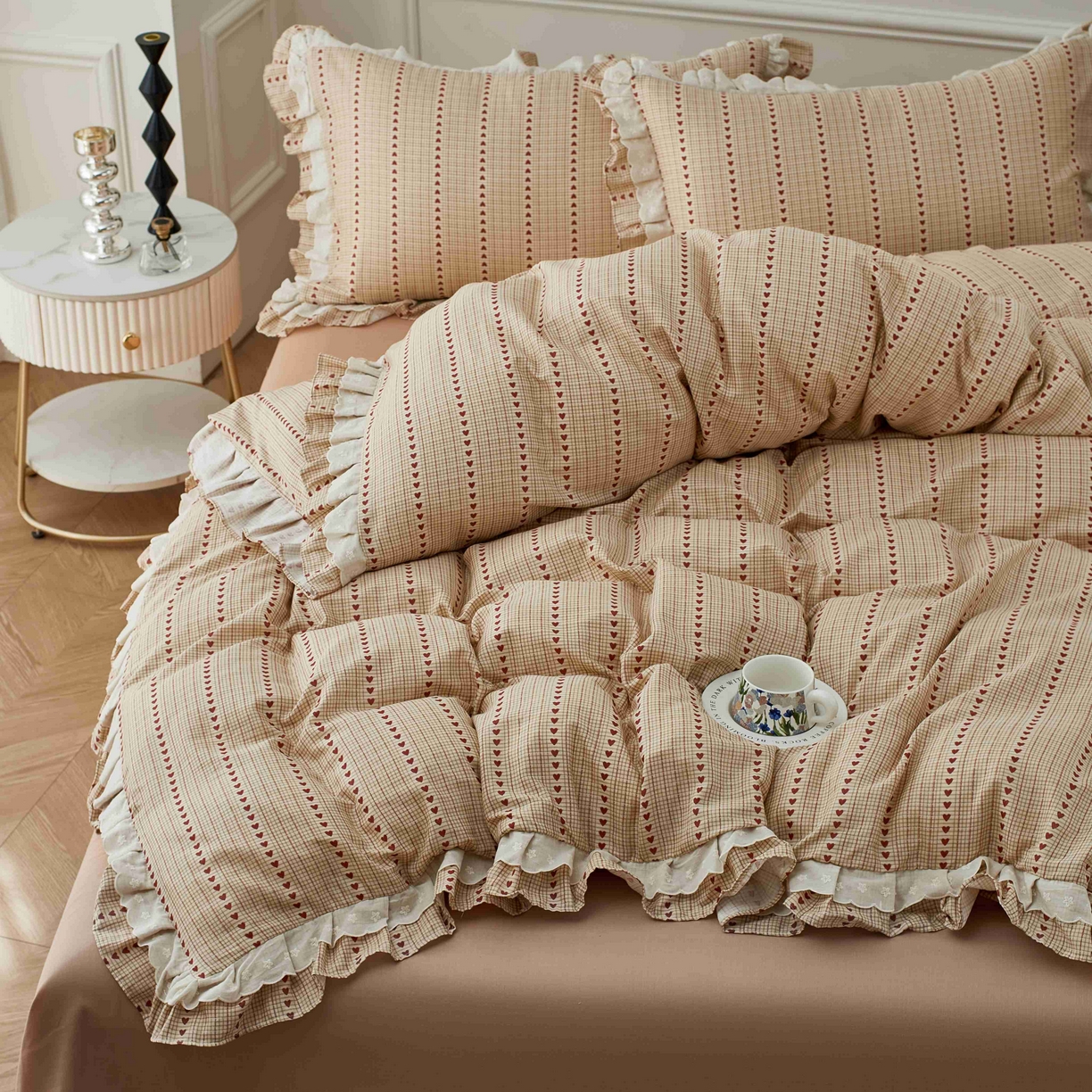 91家纺网 家纺一手货源 找家纺 （总）2025新款全棉纯棉A类双层纱双层蕾丝花边四件套