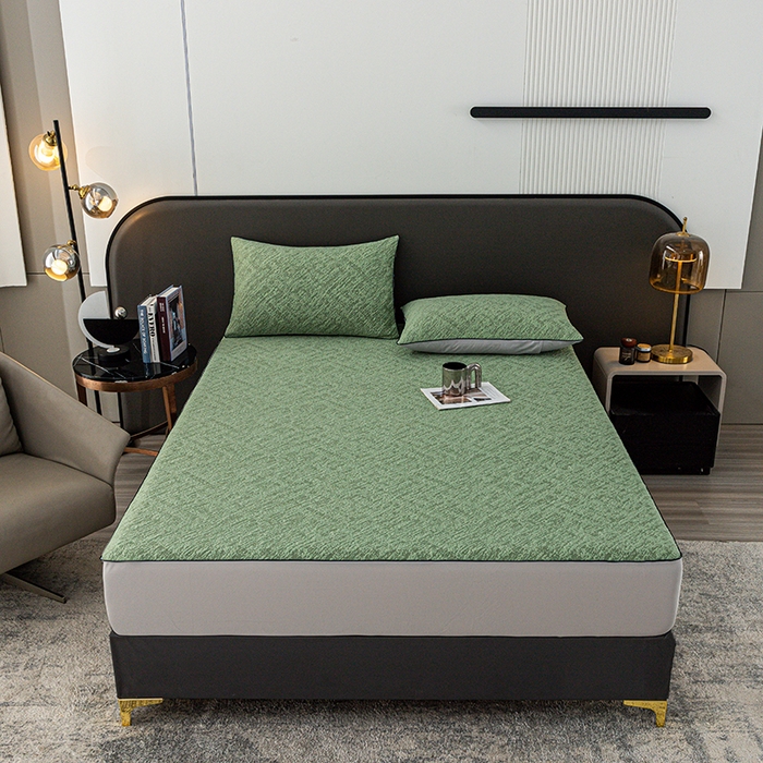 91家纺网 家纺一手货源 找家纺 锦罗绣 2025春夏新款PE中分子凉感提花软凉席席子 流金岁月-绿 床笠款