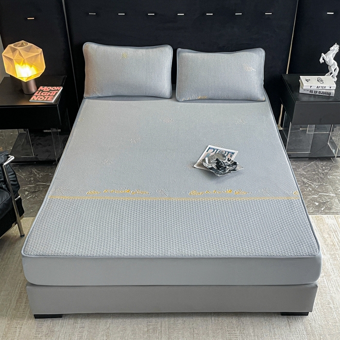 91家纺网 家纺一手货源 找家纺 2025新款提花冰豆豆凉席床笠床席三件套幸运草系列 幸运草-灰