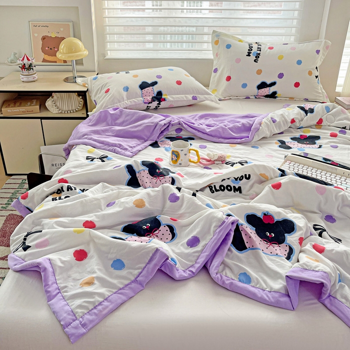 91家纺网 家纺一手货源 找家纺 富艺隆 2025新款水洗棉双层纱夏被 波点小狗