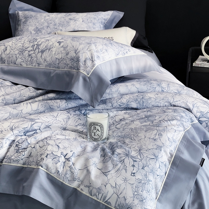 91家纺网 家纺一手货源 找家纺 佳汐蓝2025新款典雅诗意花卉全棉印花四件套券后不低于438/458元 雾隐巴黎-蓝柳色