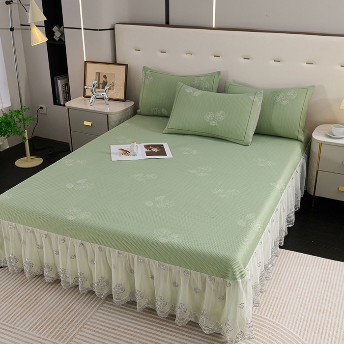 91家纺网 家纺一手货源 找家纺 席之家 2025新款3D冰感蕾丝床裙豆豆席 蕾丝-茶花之恋-水绿