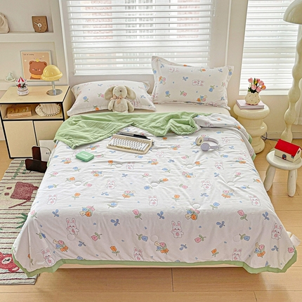 富艺隆 2025新款水洗棉双层纱夏被 花园小兔