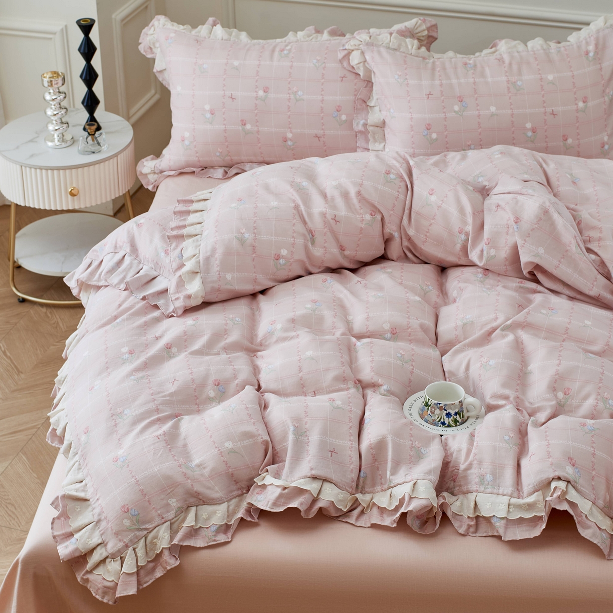 91家纺网 家纺一手货源 找家纺 （总）2025新款全棉纯棉A类双层纱双层蕾丝花边四件套