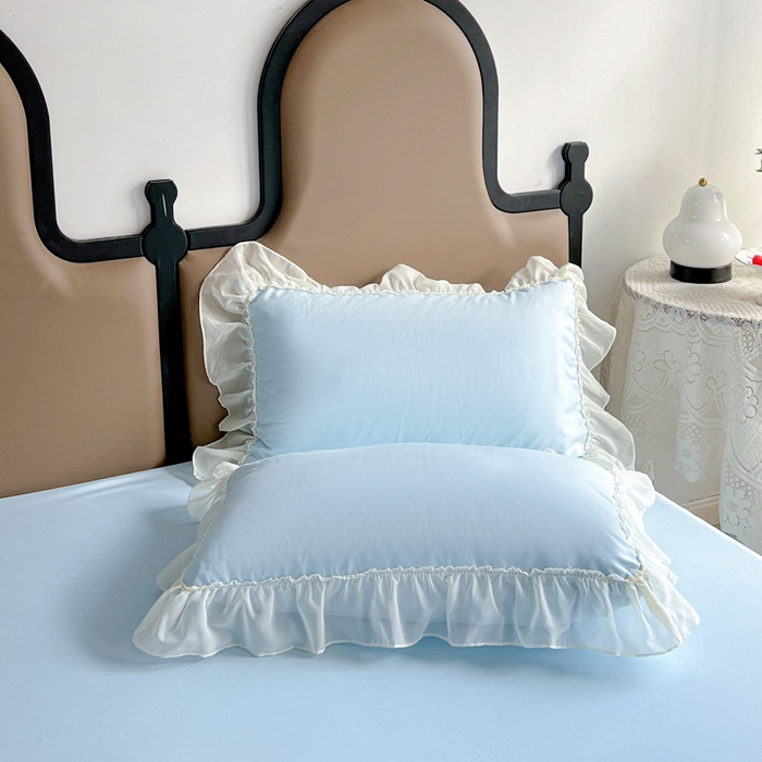 91家纺网 家纺一手货源 找家纺 艺玲家纺 2025新款糯小棉爱丽莎雪纺花边四件套 爱丽莎-蓝