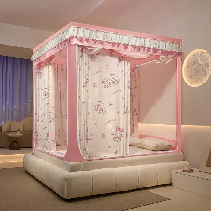 91家纺网 家纺一手货源 找家纺 冉美家纺  2025新款U型遮光方顶坐床蚊帐 粉色小狗