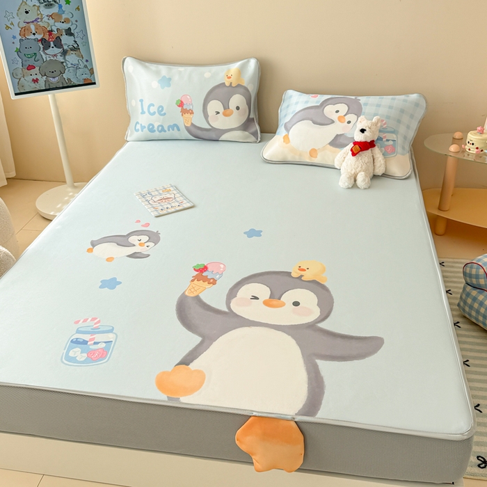 91家纺网 家纺一手货源 找家纺 慕尚家纺 2025新款凉感卡通工艺席床笠-企鹅宝宝