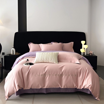 禧澜庭 2025新款高支纯棉全棉斜纹四件套刺绣绣花款轻奢三件套--简爱系列 芙蓉粉+浅紫