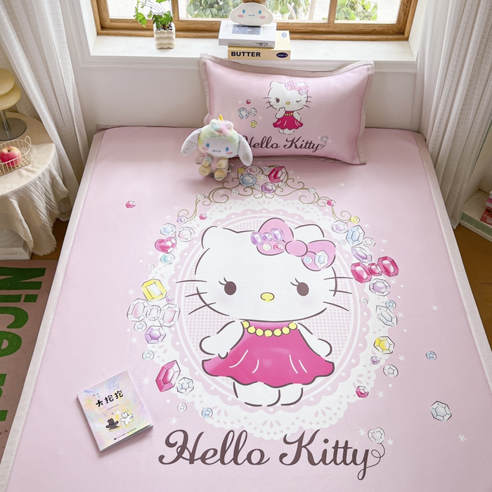 91家纺网 家纺一手货源 找家纺 博雅 2025新款三丽欧A类大版数码印花1200D冰丝凉席凉席席子 花花KT