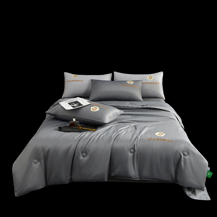 91家纺网 家纺一手货源 找家纺 优尚家纺 2025新款水洗天丝刺绣夏被夏被四件套 深冬灰