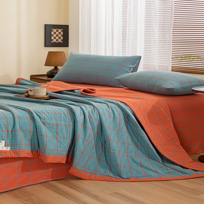 91家纺网 家纺一手货源 找家纺 鑫棉坊 2025新款全棉色织水洗棉A类棉花夏被可机洗空调被四件套床单枕套 百香果