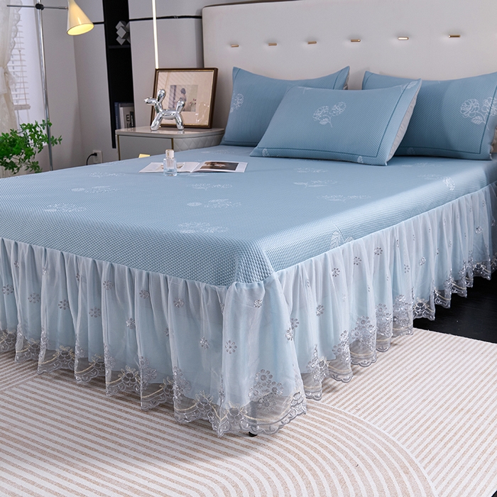 91家纺网 家纺一手货源 找家纺 席之家 2025新款3D冰感蕾丝床裙豆豆席 蕾丝-茶花之恋-蓝