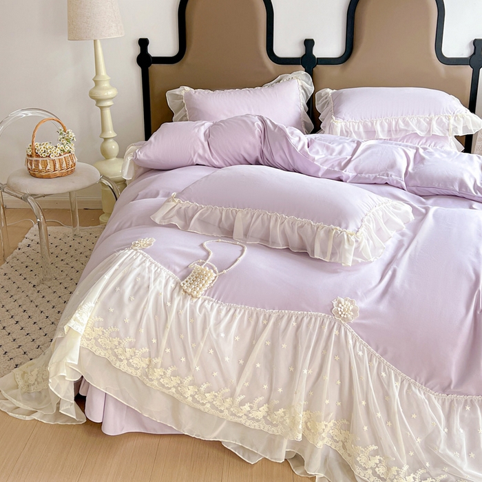 91家纺网 家纺一手货源 找家纺 艺玲家纺 2025新款糯小棉爱丽莎雪纺花边四件套 爱丽莎-紫