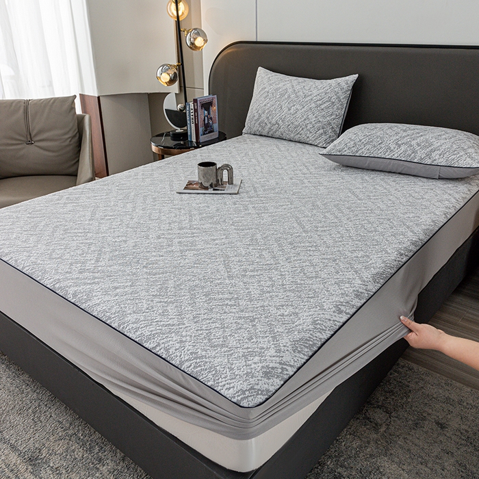 91家纺网 家纺一手货源 找家纺 锦罗绣 2025春夏新款PE中分子凉感提花软凉席席子 流金岁月-灰 床笠款