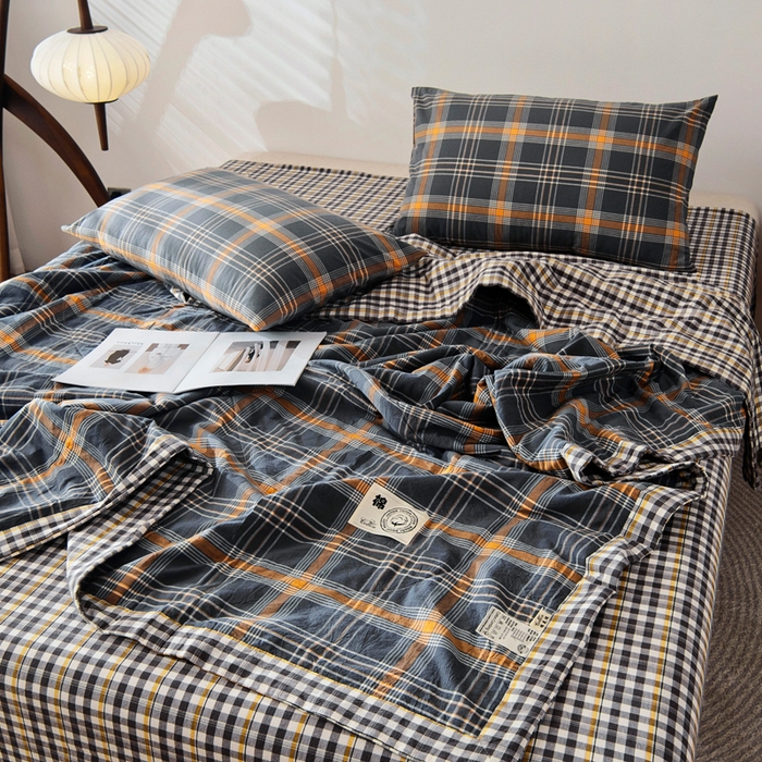 91家纺网 家纺一手货源 找家纺 鑫棉坊 2025新款全棉色织水洗棉A类棉花夏被可机洗空调被四件套床单枕套 伯恩