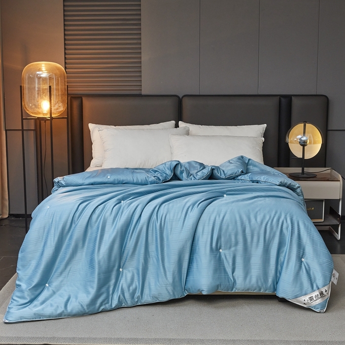 91家纺网 家纺一手货源 找家纺 金同成家纺 2025新款缎条蚕丝被春秋被子母被冬被子被芯 远山蓝
