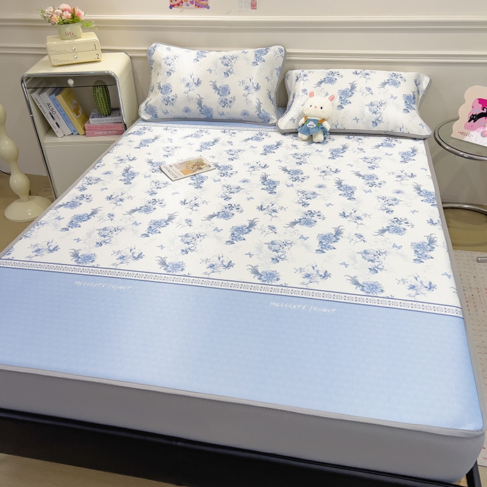 91家纺网 家纺一手货源 找家纺 摩妮卡 2025新款小清新碳光冰丝软席床笠款单床笠三件套 花绮梦-蓝