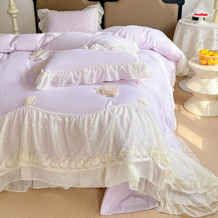 91家纺网 家纺一手货源 找家纺 艺玲家纺 2025新款糯小棉爱丽莎雪纺花边四件套 爱丽莎-紫