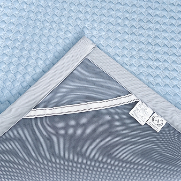 91家纺网 家纺一手货源 找家纺 雯豆家纺 2025夏季新款高端PE凉感中分子凉席三件套纯色绑带款席子套件 方格款-海涛蓝