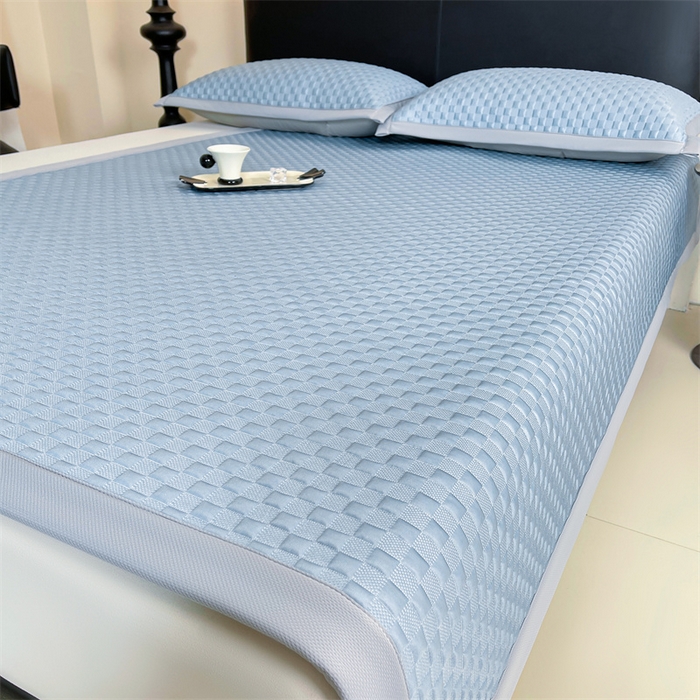 91家纺网 家纺一手货源 找家纺 雯豆家纺 2025夏季新款高端PE凉感中分子凉席三件套纯色绑带款席子套件 方格款-海涛蓝