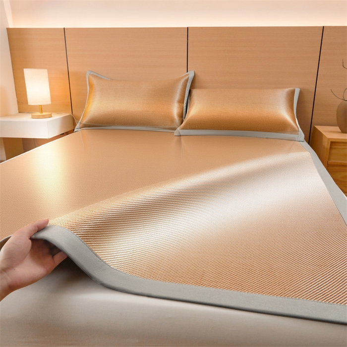 91家纺网 家纺一手货源 找家纺 雯豆家纺 2025夏季新款冰藤凉席三件套纯色绑带款冰丝凉席子素色套件 冰藤席-琥珀咖