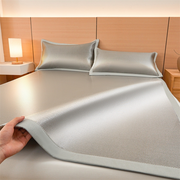 91家纺网 家纺一手货源 找家纺 雯豆家纺 2025夏季新款冰藤凉席三件套纯色绑带款冰丝凉席子素色套件 冰藤席-伯爵灰