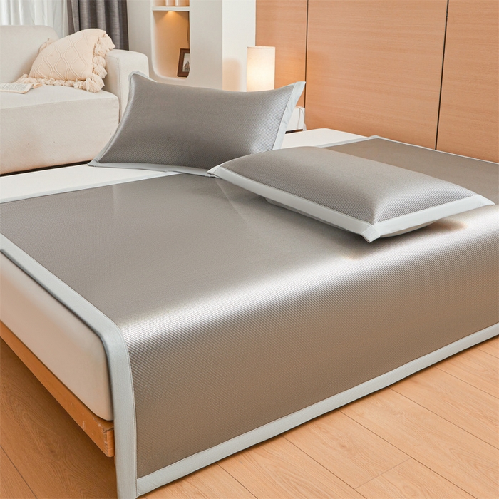 91家纺网 家纺一手货源 找家纺 雯豆家纺 2025夏季新款冰藤凉席三件套纯色绑带款冰丝凉席子素色套件 冰藤席-伯爵灰