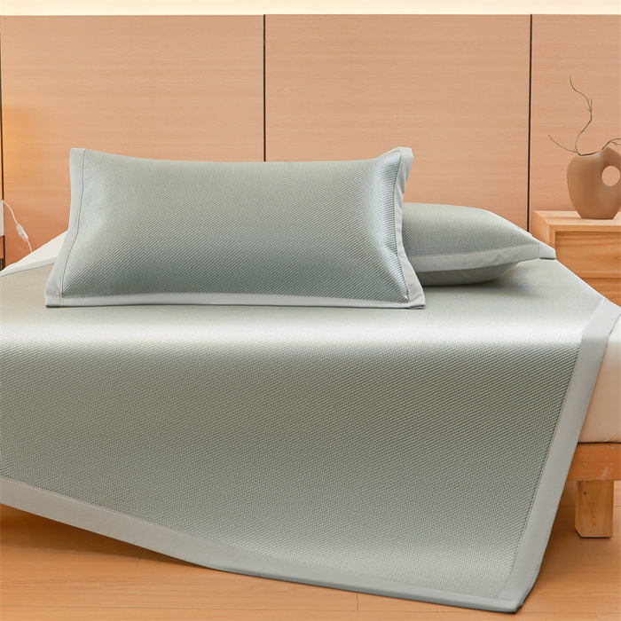 雯豆家纺 2025夏季新款冰藤凉席三件套纯色绑带款冰丝凉席子素色套件 冰藤席-丝绒绿