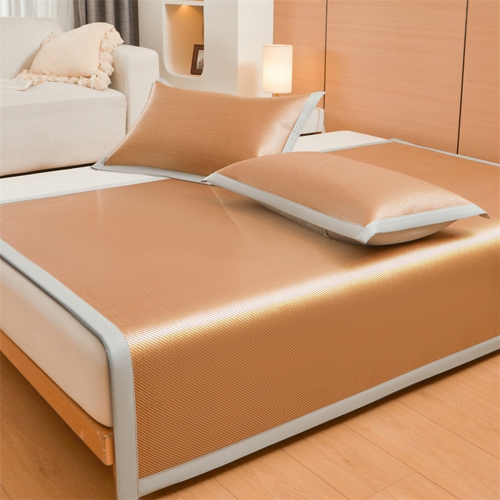 91家纺网 家纺一手货源 找家纺 雯豆家纺 2025夏季新款冰藤凉席三件套纯色绑带款冰丝凉席子素色套件 冰藤席-琥珀咖