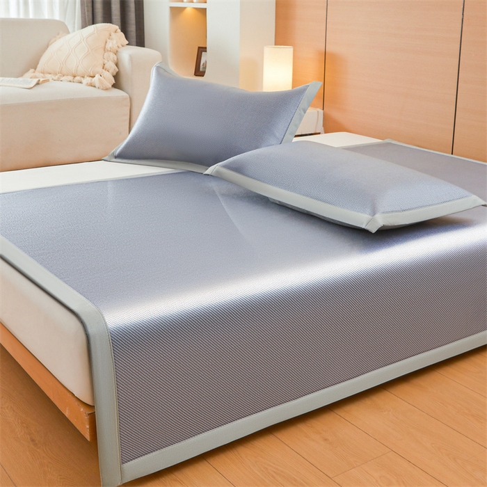 91家纺网 家纺一手货源 找家纺 雯豆家纺 2025夏季新款冰藤凉席三件套纯色绑带款冰丝凉席子素色套件 冰藤席-暮云蓝