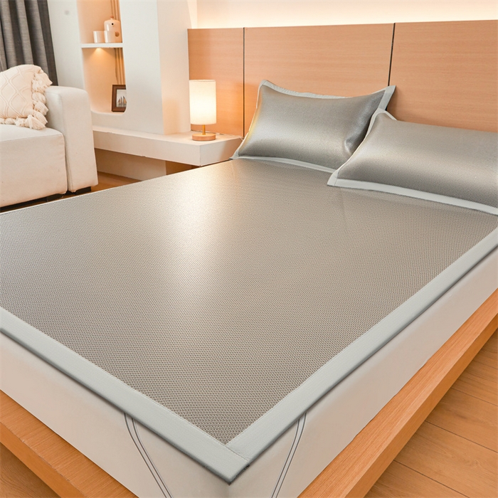 91家纺网 家纺一手货源 找家纺 雯豆家纺 2025夏季新款冰藤凉席三件套纯色绑带款冰丝凉席子素色套件 冰藤席-伯爵灰