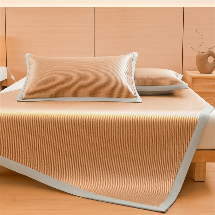 雯豆家纺 2025夏季新款冰藤凉席三件套纯色绑带款冰丝凉席子素色套件 冰藤席-琥珀咖