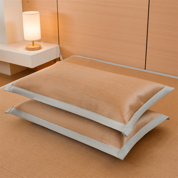 91家纺网 家纺一手货源 找家纺 雯豆家纺 2025夏季新款冰藤凉席三件套纯色绑带款冰丝凉席子素色套件 冰藤席-琥珀咖