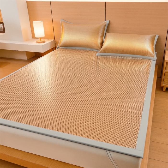 91家纺网 家纺一手货源 找家纺 雯豆家纺 2025夏季新款冰藤凉席三件套纯色绑带款冰丝凉席子素色套件 冰藤席-琥珀咖