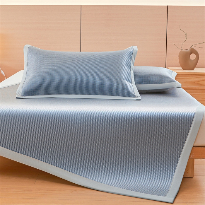 雯豆家纺 2025夏季新款冰藤凉席三件套纯色绑带款冰丝凉席子素色套件 冰藤席-摩登蓝