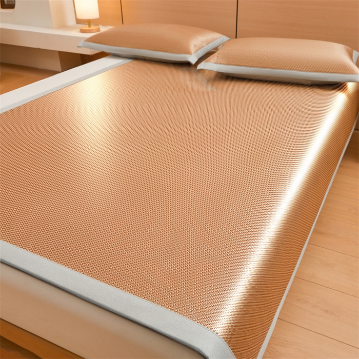 91家纺网 家纺一手货源 找家纺 雯豆家纺 2025夏季新款冰藤凉席三件套纯色绑带款冰丝凉席子素色套件 冰藤席-琥珀咖