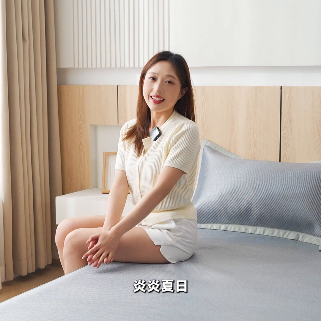 91家纺网 家纺一手货源 找家纺 雯豆家纺 2025夏季新款冰藤凉席三件套纯色绑带款冰丝凉席子素色套件 冰藤席-暮云蓝