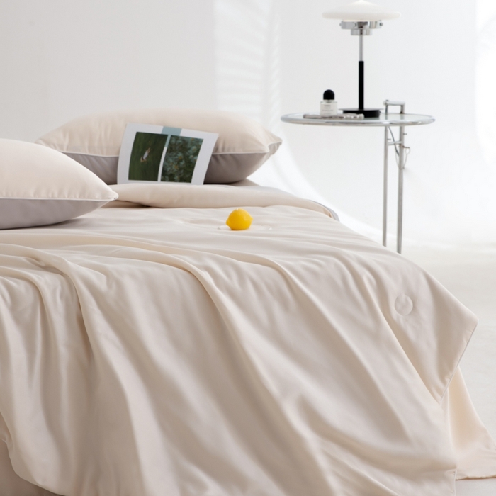 91家纺网 家纺一手货源 找家纺 仁凯家纺 2025新款A类莱赛尔天丝纤维夏凉被双拼色（20%莱赛尔天丝纤维填充，包过检）【提供买家秀】 奶昔白+冰川灰