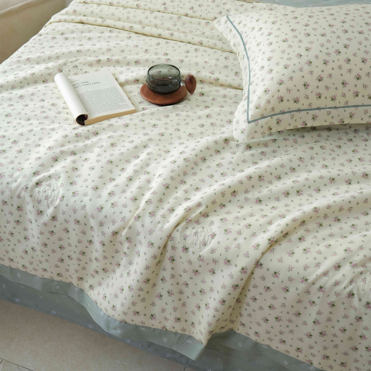 91家纺网 家纺一手货源 找家纺 丽卡家纺 2025新款小清新全棉纯棉夏被夏凉被空调被四件套 惜春-绿