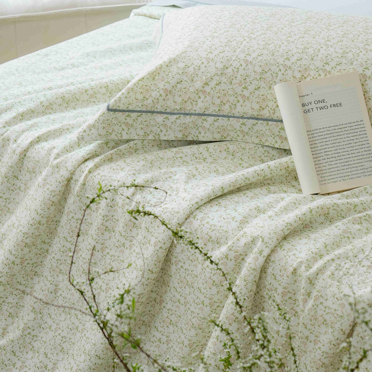 91家纺网 家纺一手货源 找家纺 丽卡家纺 2025新款小清新全棉纯棉夏被夏凉被空调被四件套 未央-绿