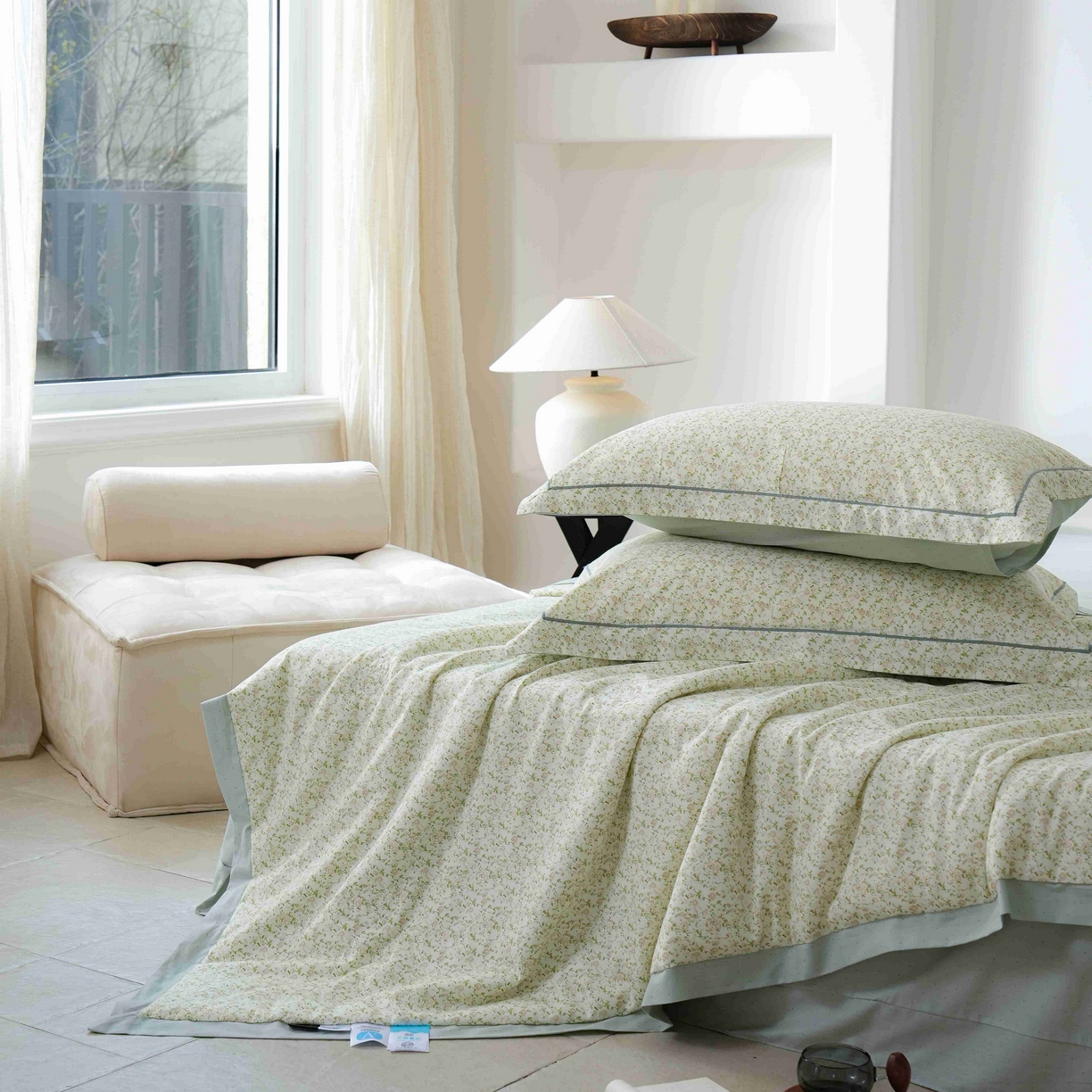 91家纺网 家纺一手货源 找家纺 丽卡家纺 2025新款小清新全棉纯棉夏被夏凉被空调被四件套 未央-绿