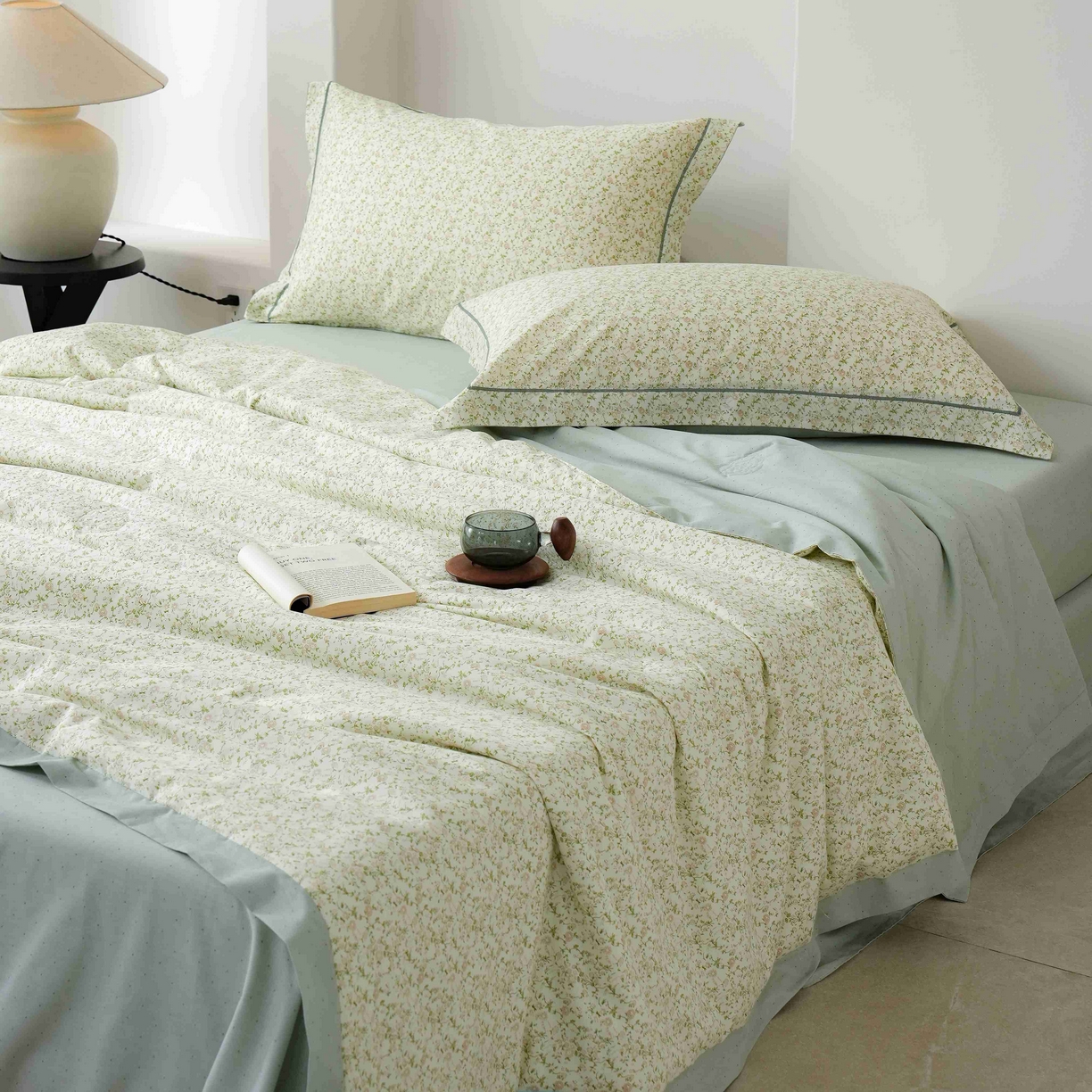 丽卡家纺 2025新款小清新全棉纯棉夏被夏凉被空调被四件套 未央-绿