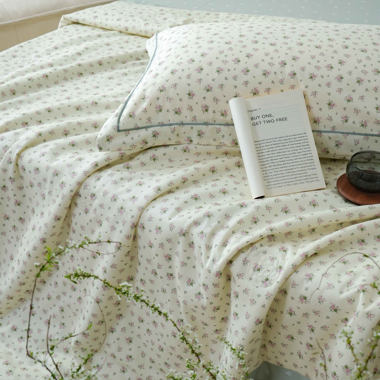 91家纺网 家纺一手货源 找家纺 丽卡家纺 2025新款小清新全棉纯棉夏被夏凉被空调被四件套 惜春-绿