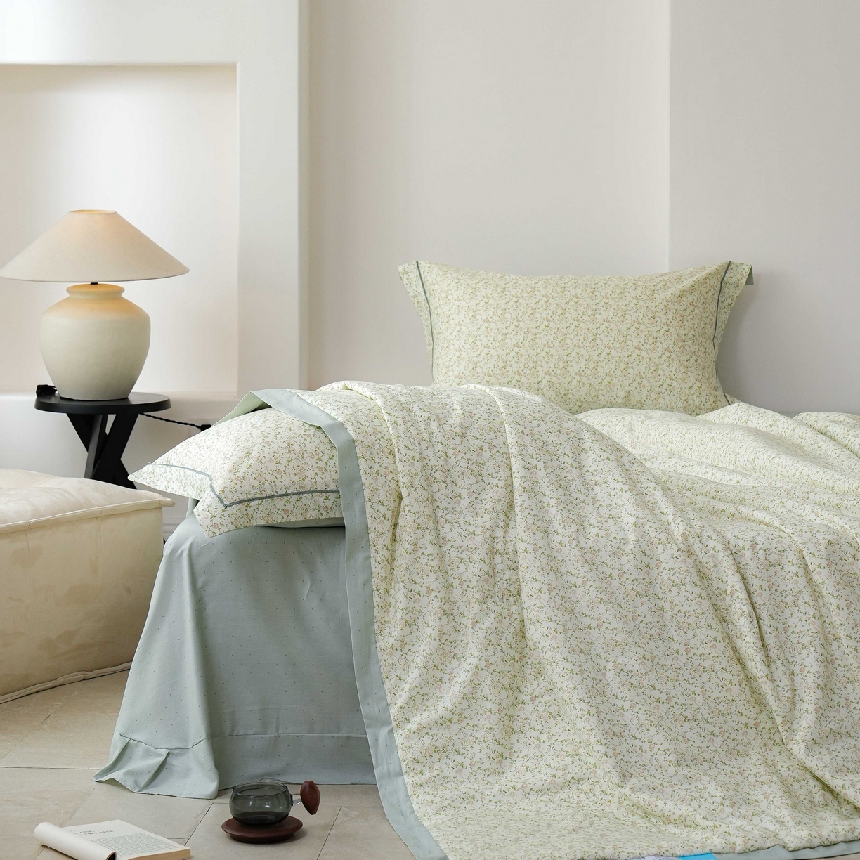 91家纺网 家纺一手货源 找家纺 丽卡家纺 2025新款小清新全棉纯棉夏被夏凉被空调被四件套 未央-绿