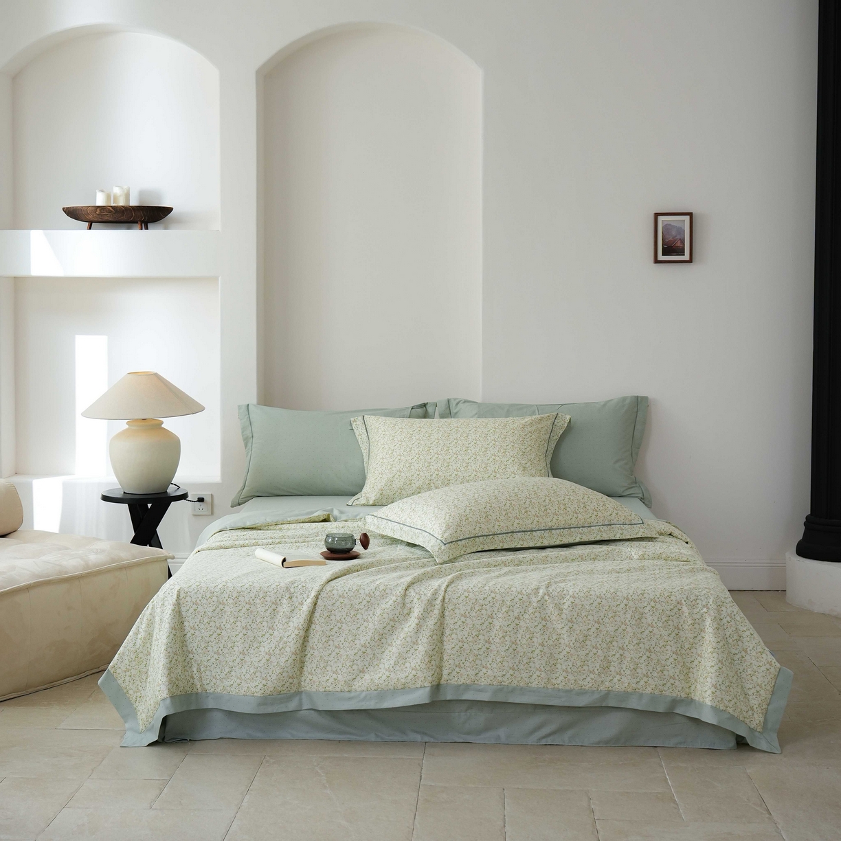 91家纺网 家纺一手货源 找家纺 丽卡家纺 2025新款小清新全棉纯棉夏被夏凉被空调被四件套 未央-绿