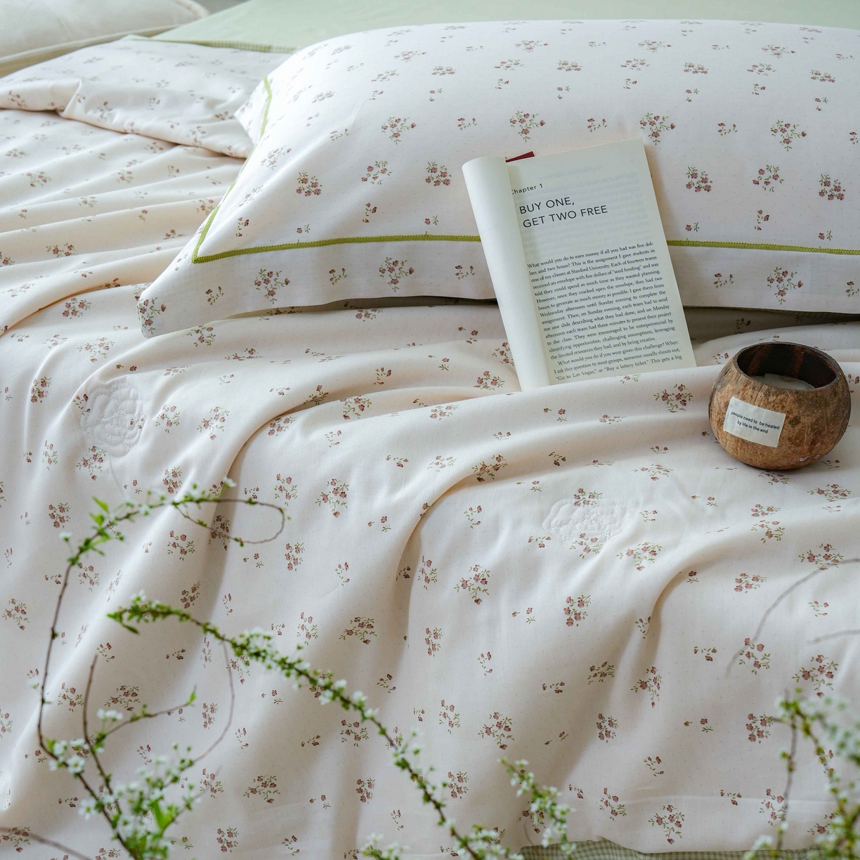 91家纺网 家纺一手货源 找家纺 丽卡家纺 2025新款小清新全棉纯棉夏被夏凉被空调被四件套 香雪海-绿